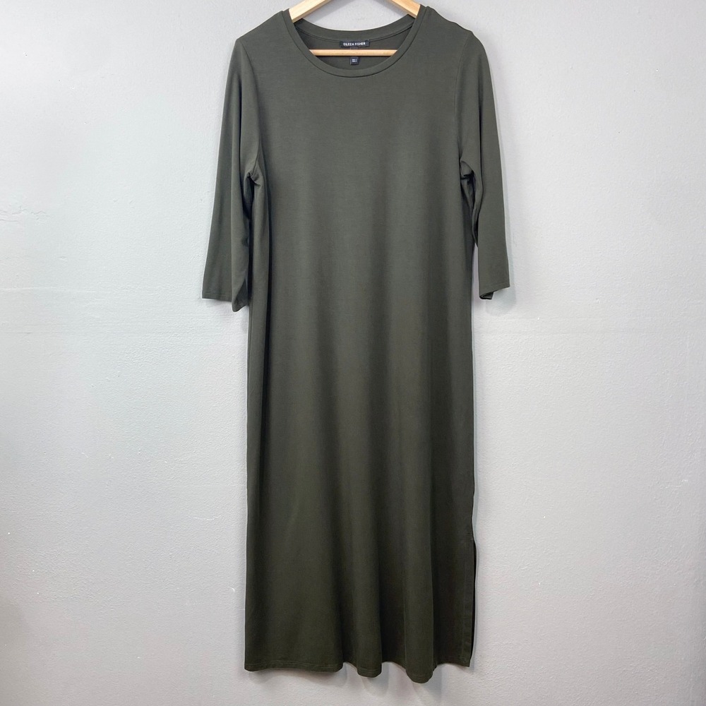 Eileen Fisher Midi Dress Size S Olive Green Tencel Lyocell Side‎ Slit Minimalist